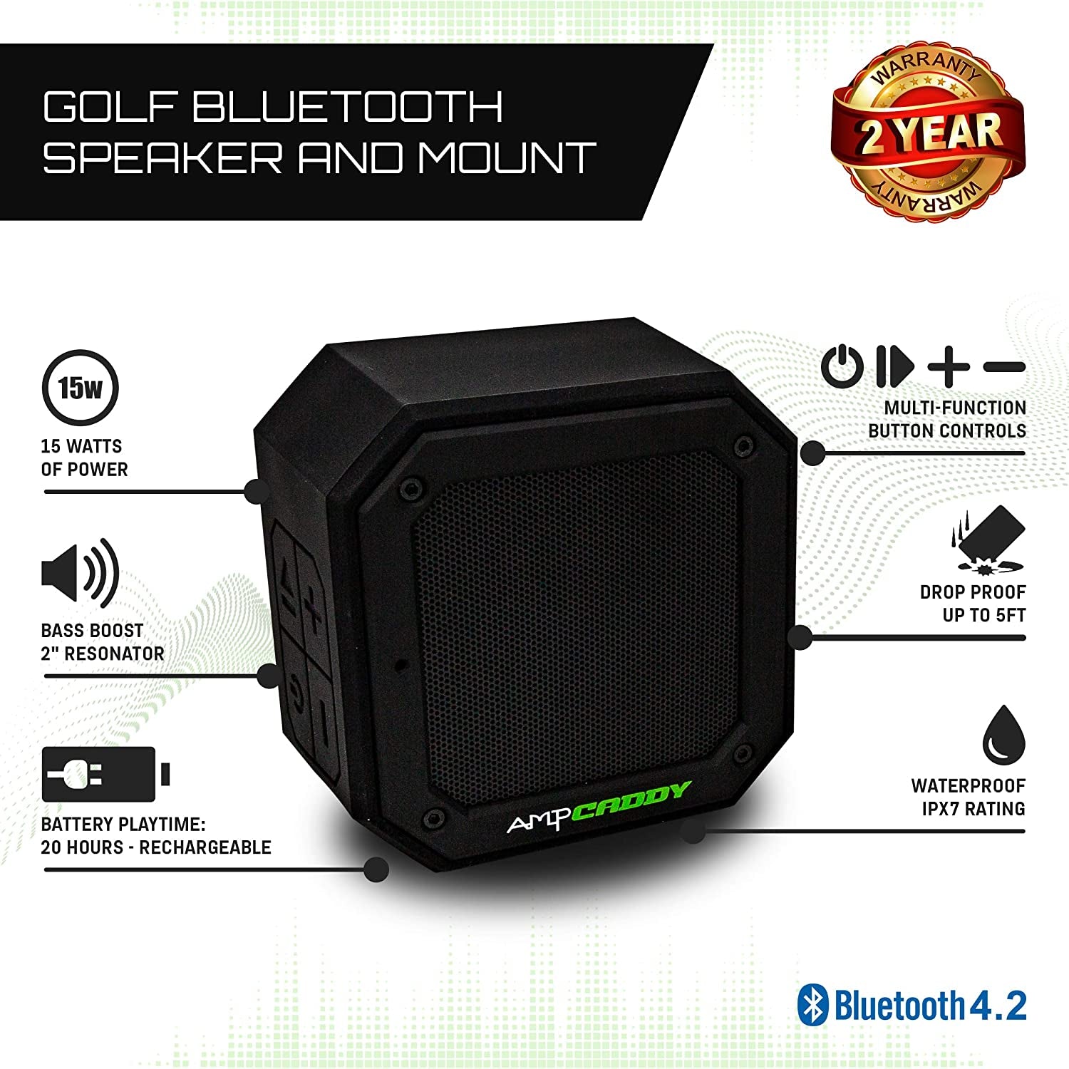 Golf Bluetooth Speaker with Mount, Version 3 Pro Bluetooth Speaker and Mount with Loud Stereo Sound and Bass Boost, 20-Hour Playtime, Extended Bluetooth Range, Waterproof (15 Watts)