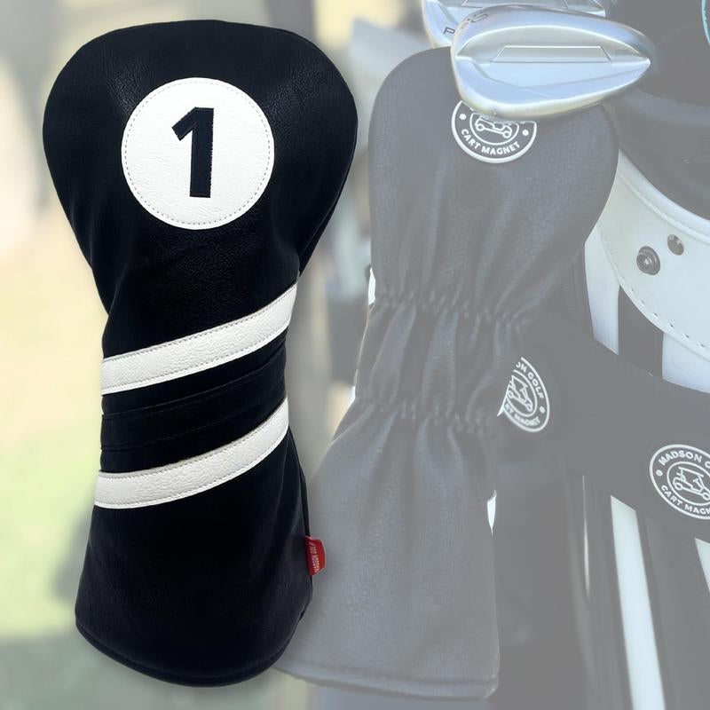 Madson Golf Cart Magnet Headcovers - Stylish & Protective Club Covers for Golf Clubs, W/Rubber Cart Magnet for Secure Positioning & Quick Access, Magnetic Golf Accessories (Driver - Black and White)