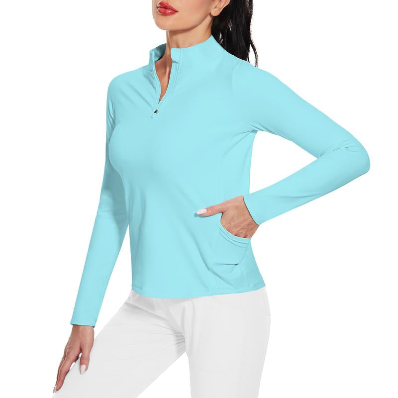 MOTEEPI Womens Golf Shirt Long Sleeve Athletic Quarter Zip Pullover Sun Protection with Pocket