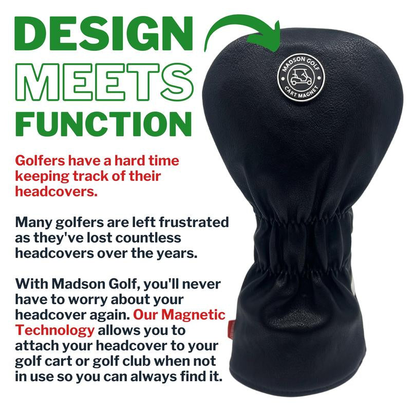 Madson Golf Cart Magnet Headcovers - Stylish & Protective Club Covers for Golf Clubs, W/Rubber Cart Magnet for Secure Positioning & Quick Access, Magnetic Golf Accessories (Driver - Black and White)